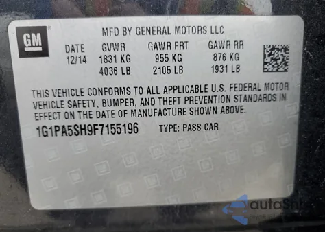 2015 Chevrolet Cruze Ls from USA, damaged, VIN 1G1PA5SH9F7155196